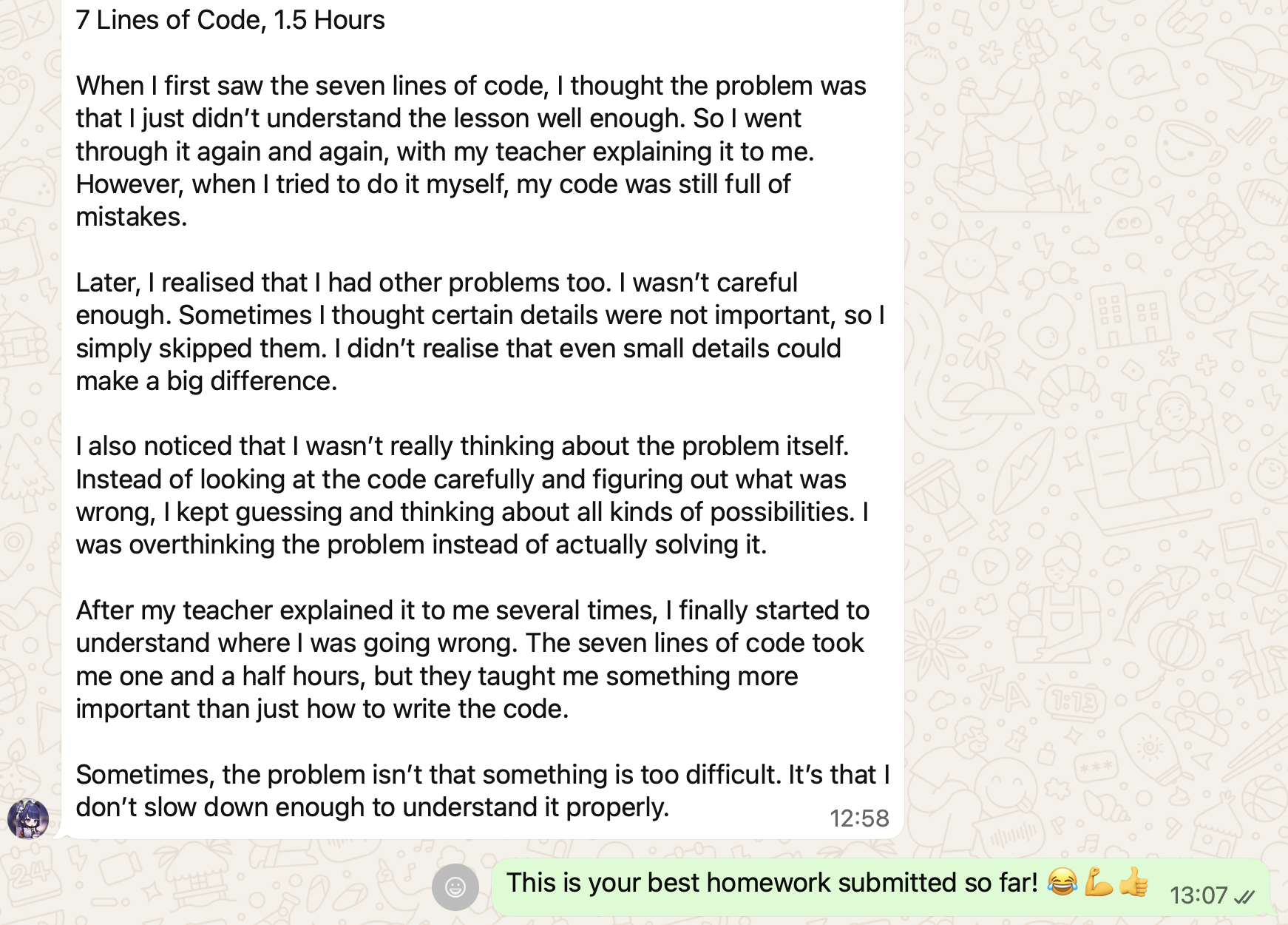 Reflection: 7 Lines of Code, 1.5 Hours